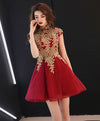 Burgundy Lace Tulle Short Prom Dress, Burgundy Homecoming Dress