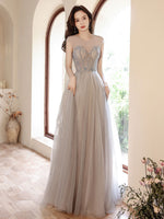 Gray Round Neck Tulle Beads Long Prom Dress, Gray Evening Dress