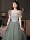 Gray Green Tulle Long Prom Dress, Green Tulle Formal Dress