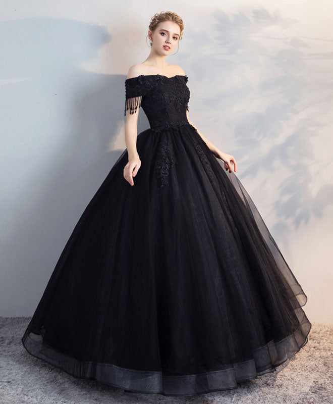 Black Off Shoulder Lace Tulle Long Prom Dress, Black Evening Dress