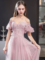 Pink Tulle Lace Off Shoulder Long Prom Dress, Pink Evening Dress