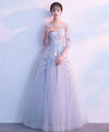 Gray Round Neck Tulle Lace Applique Long Prom Dress, Gray Evening Dress