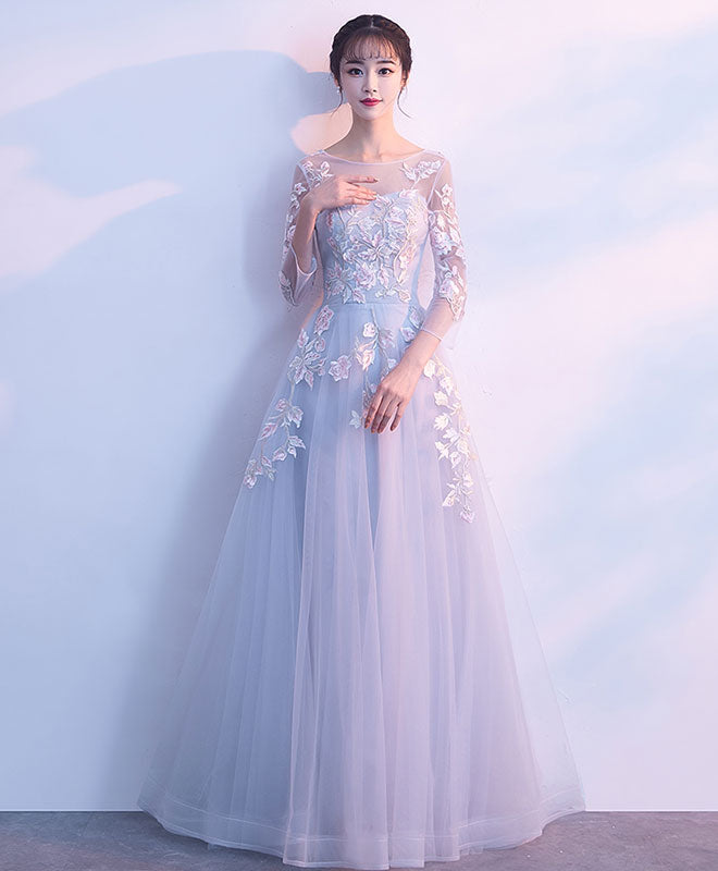 Gray Round Neck Tulle Lace Applique Long Prom Dress, Gray Evening Dress US 2 / Gray Gray Round Neck Tulle Lace Applique Long Prom Dress, Gray Evening Dress US 2 / Gray