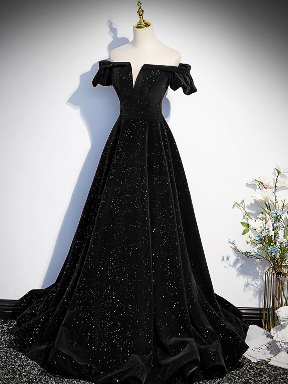 A line Off the Shoulder Tiered Black Sparkly Long Prom Dress with Slit –  SQOSA
