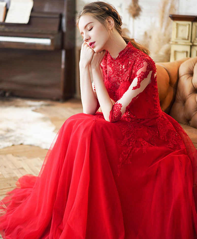 Red High Neck Tulle Lace Long Prom Dress, Red Lace Formal Dress – shopluu