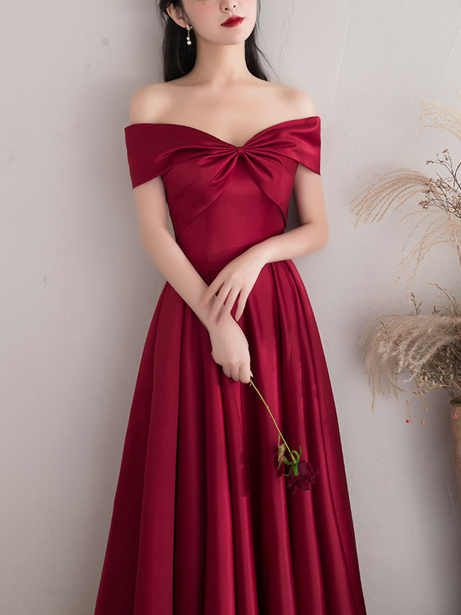 Simple A-line Dark Red Satin Long Prom Dress Red Bridesmaid Dress