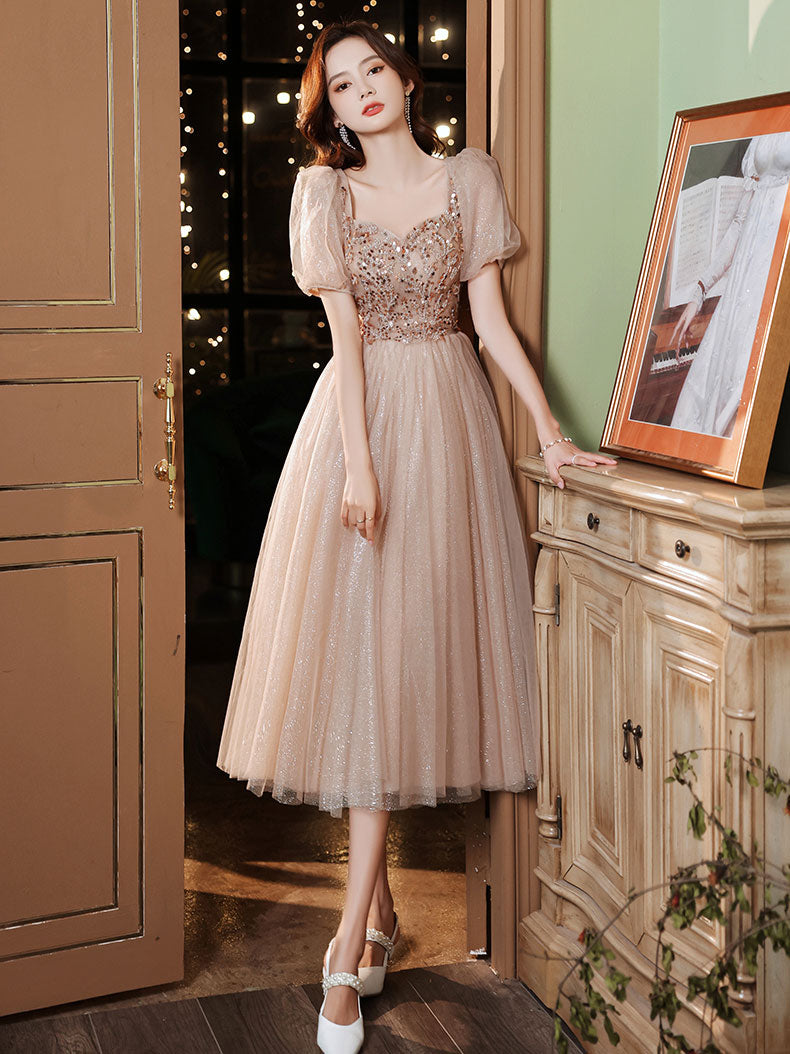 Champagne A-line Tulle Beads Prom Dress, Tulle Bridesmaid Dress