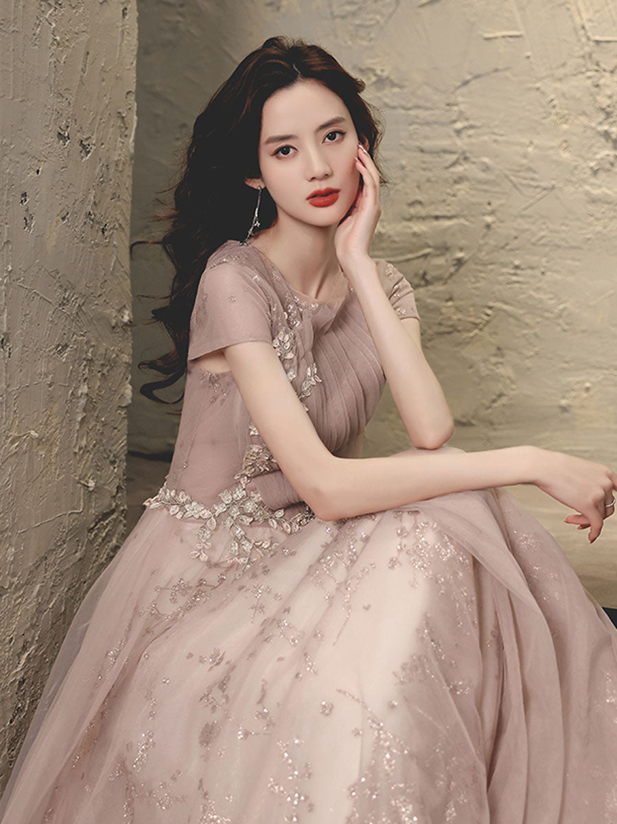 Pink Tulle Lace Long Prom Dress, Pink Tulle Formal Dress