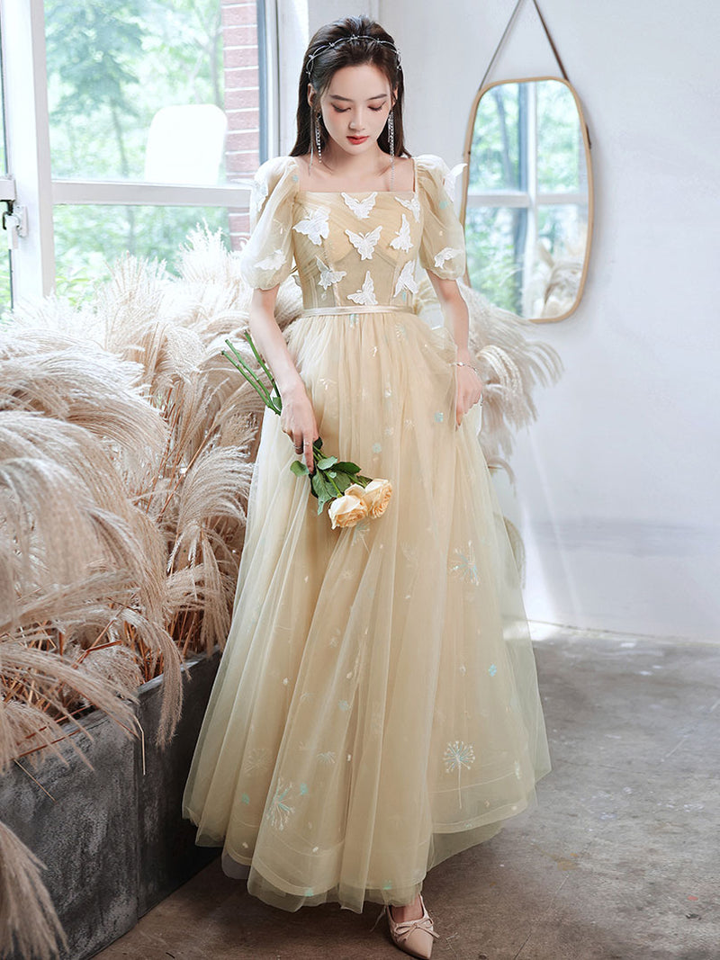 Champagne Tulle Lace Long Prom Dress, Champagne Tulle Formal Dress – shopluu
