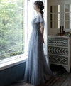 Gray Blue V Neck A-Line Tulle Long Prom Dress Gray Blue Tulle Formal Dress