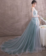 Green V Neck Tulle Lace Long Prom Dress, Gray Green Evening Dress