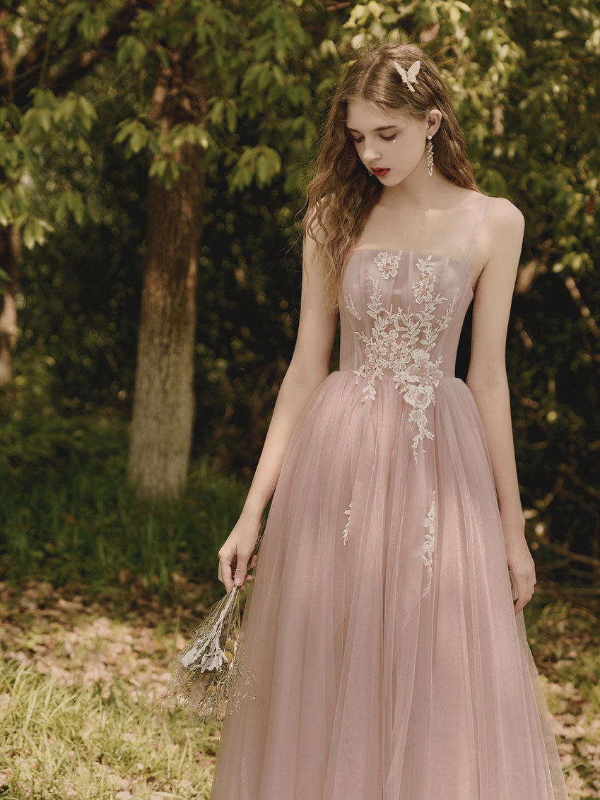 Pink Tulle Lace Tea Length Prom Dress, Lace Evening Dress