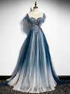 Blue Round Neck Tulle Beads Long Prom Dress, Blue Evening Dress