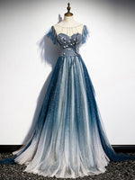 Blue Round Neck Tulle Beads Long Prom Dress, Blue Evening Dress