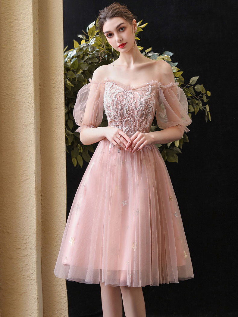 Pink Sweetheart Neck Tulle Lace Short Prom Dress, Pink Lace Homecoming Dress