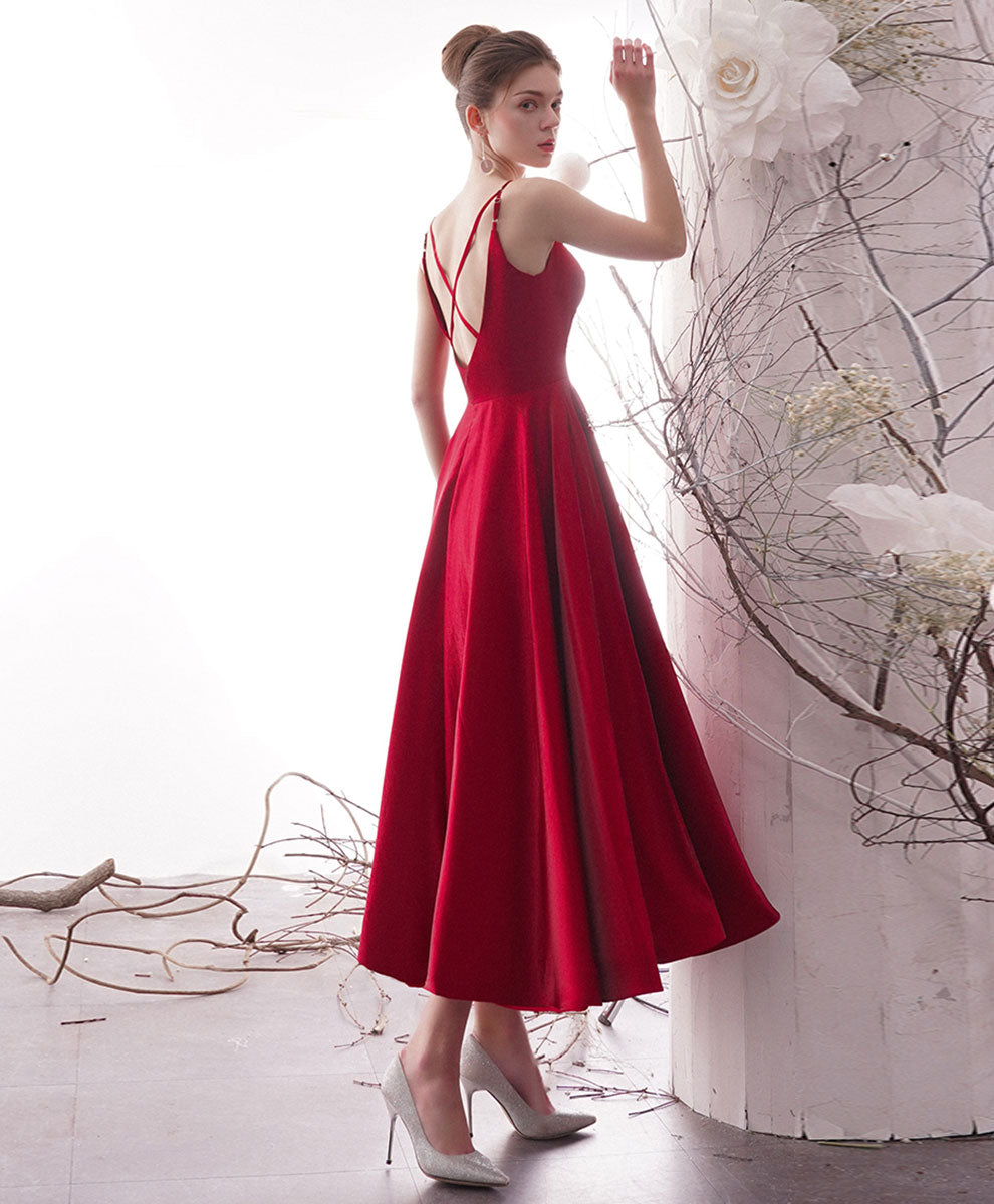 Simple Red Satin Tea Length Prom Dress, Red Homecoming Dresses – shopluu