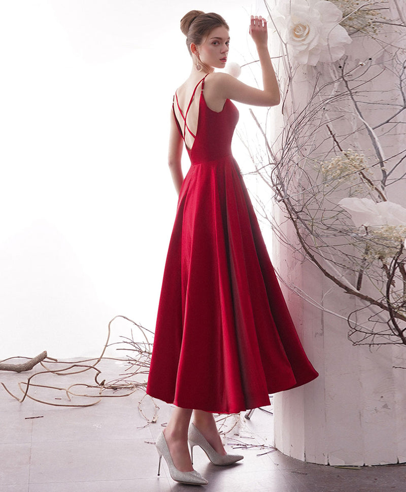 Simple Red Satin Tea Length Prom Dress, Red Homecoming Dresses