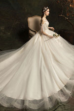 White Round Neck Tulle Lace Long Wedding Dress, Bridal Dress