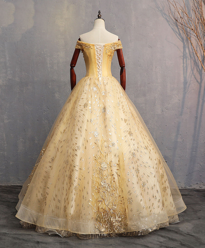 Gold Tulle Off Shoulder Lace Long Prom Dress Tulle Formal Dress