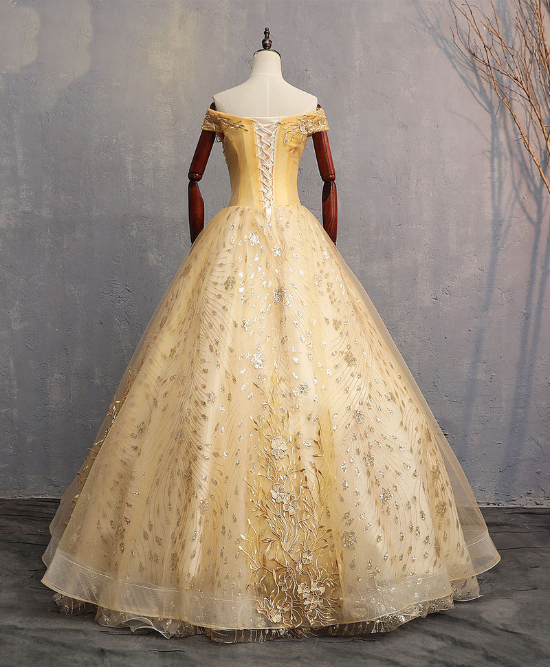 Gold Tulle Off Shoulder Lace Long Prom Dress Tulle Formal Dress shopluu Gold Tulle Off Shoulder Lace Long Prom Dress Tulle Formal Dress shopluu
