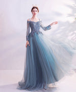 Gray Blue A Line Long Prom Dress, Blue Lace Evening Dress