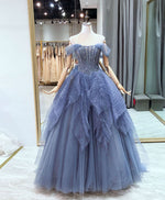 Blue Sweetheart Neck Tulle Beads Sequin Long Prom Dress,Blue Graduation Dress