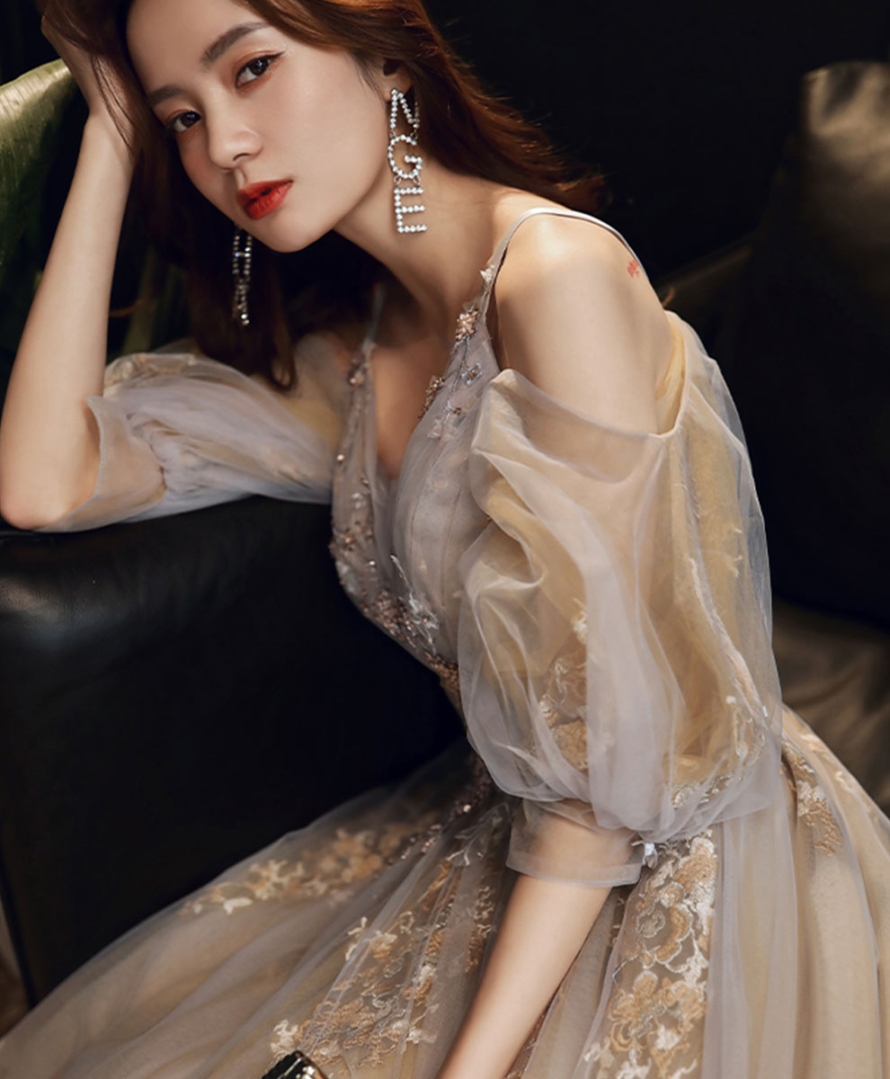 Champagne v neck tulle lace long prom dress champagne formal dress