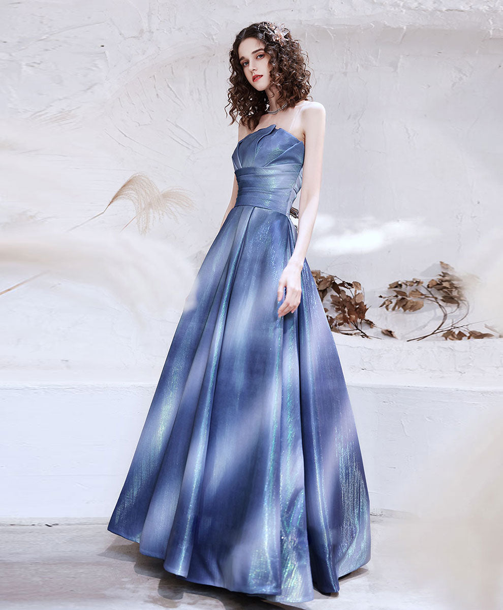 long blue satin dress Blue Satin Long Prom Dress, Blue Aline Formal Evening Dresses – shopluu