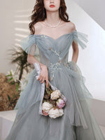 Gray Blue Sweetheart Neck Tulle Long Prom Dress Gray Evening Dress