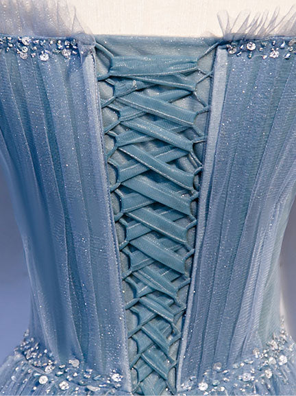 Blue A line tulle sequin long prom dress, blue tulle formal dress – shdress