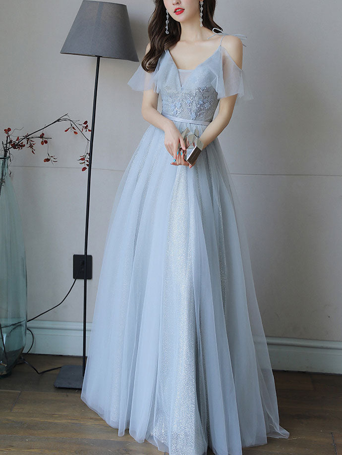 Simple Light Blue Tulle Lace Long Prom Dress, Lace Long Bridesmaid Dre – shopluu
