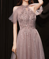 A line Pink Tulle Lace Sequin Long Prom Dress, Pink Formal Graduation Dresses