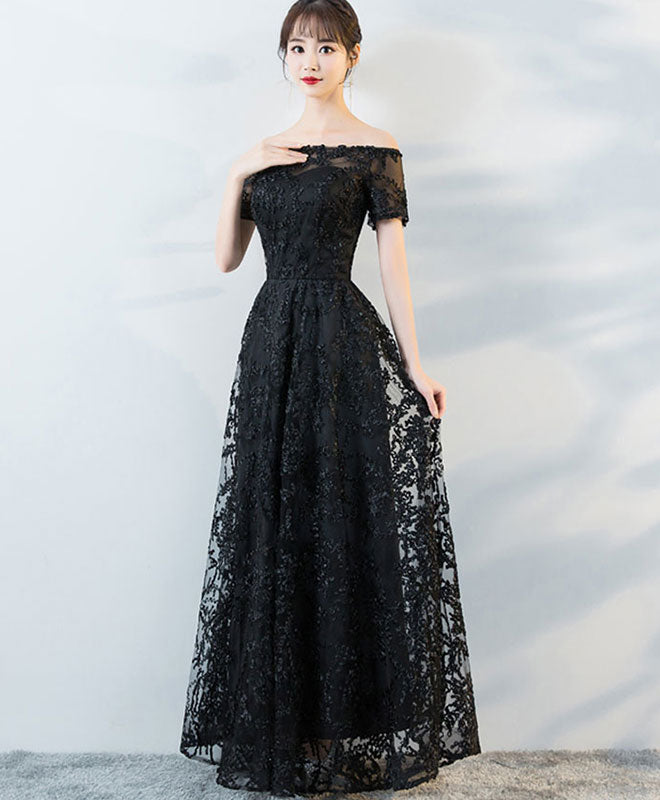 Black Tulle Lace Long Prom Dress, Black Lace Evening Dress – shopluu