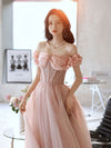 Pink Sweetheart Neck Tulle Beads Long Prom Dress, Pink Evening Dress