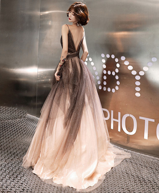 A-Line V Neck Tulle Long Prom Dress, Tulle Long Evening Dress
