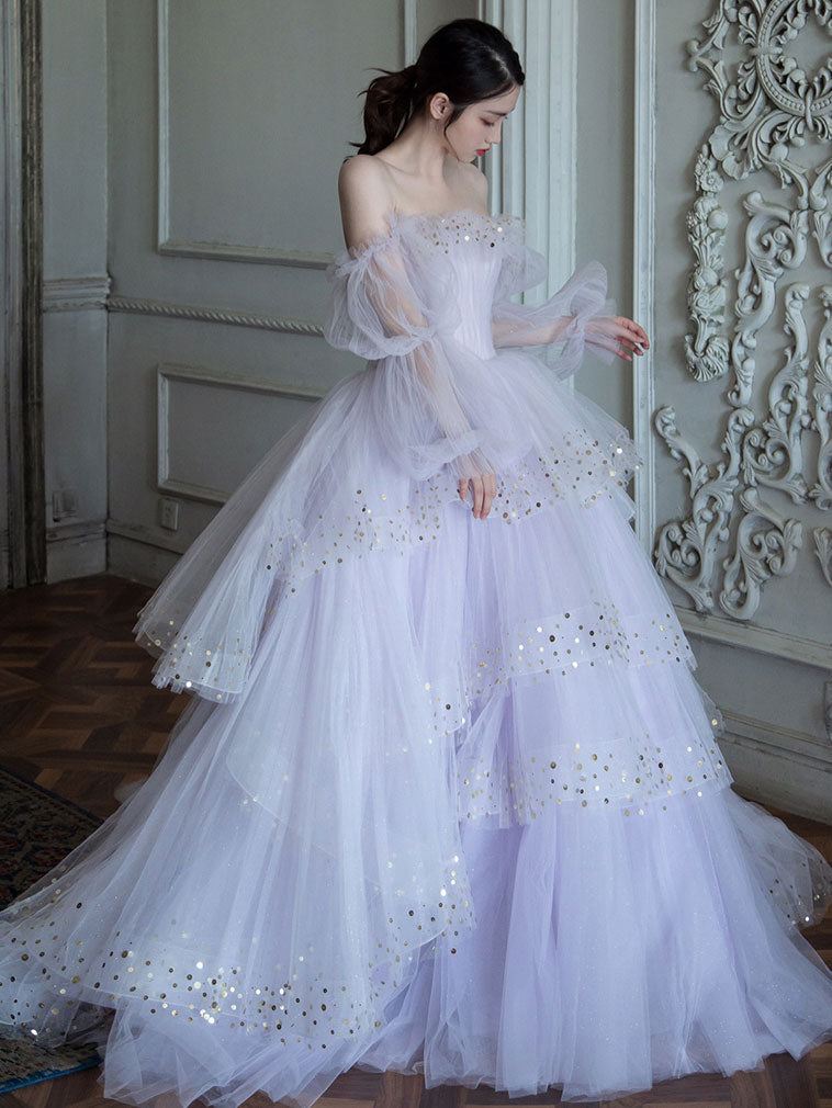 Long Sleeves Light Purple Layered Prom Dresses, Purple Beaded Formal Evening Dresses, US 12 / Purple as Pics / With Rush+$19.99