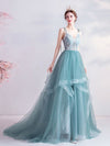 Green V Neck Tulle Lace Long Prom Dress Green Evening Dress
