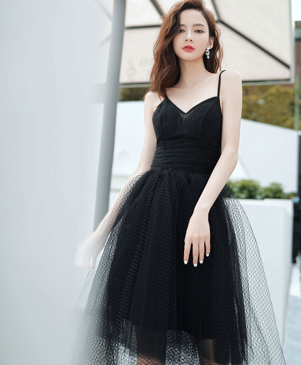 Black V Neck Tulle Short Prom Dress Black Short Evening Dress