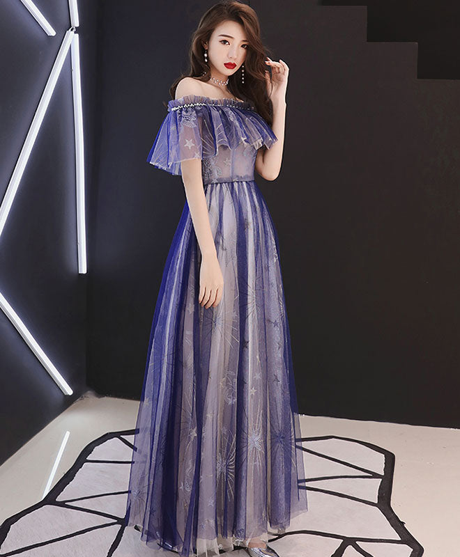 Blue Tulle Lace Tea Length Prom Dress, Blue Tulle Evening Dress