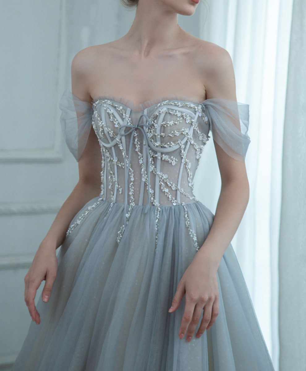 Gray Blue Long Prom Dress, Gray Blue Graduation Formal Dress with Bead