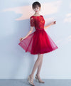 Burgundy Round Neck Tulle Lace Short Prom Dress, Burgundy Homecoming Dress