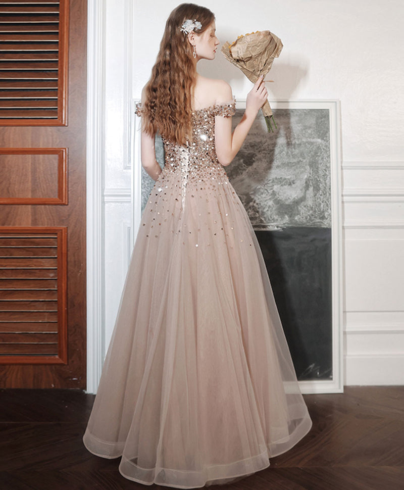 champagne prom dresses 2021 Charming Champagne Glitter Sequins Prom Dresses 2021 A-Line / Princess Off-The-Shoulder Short Sleeve Backless