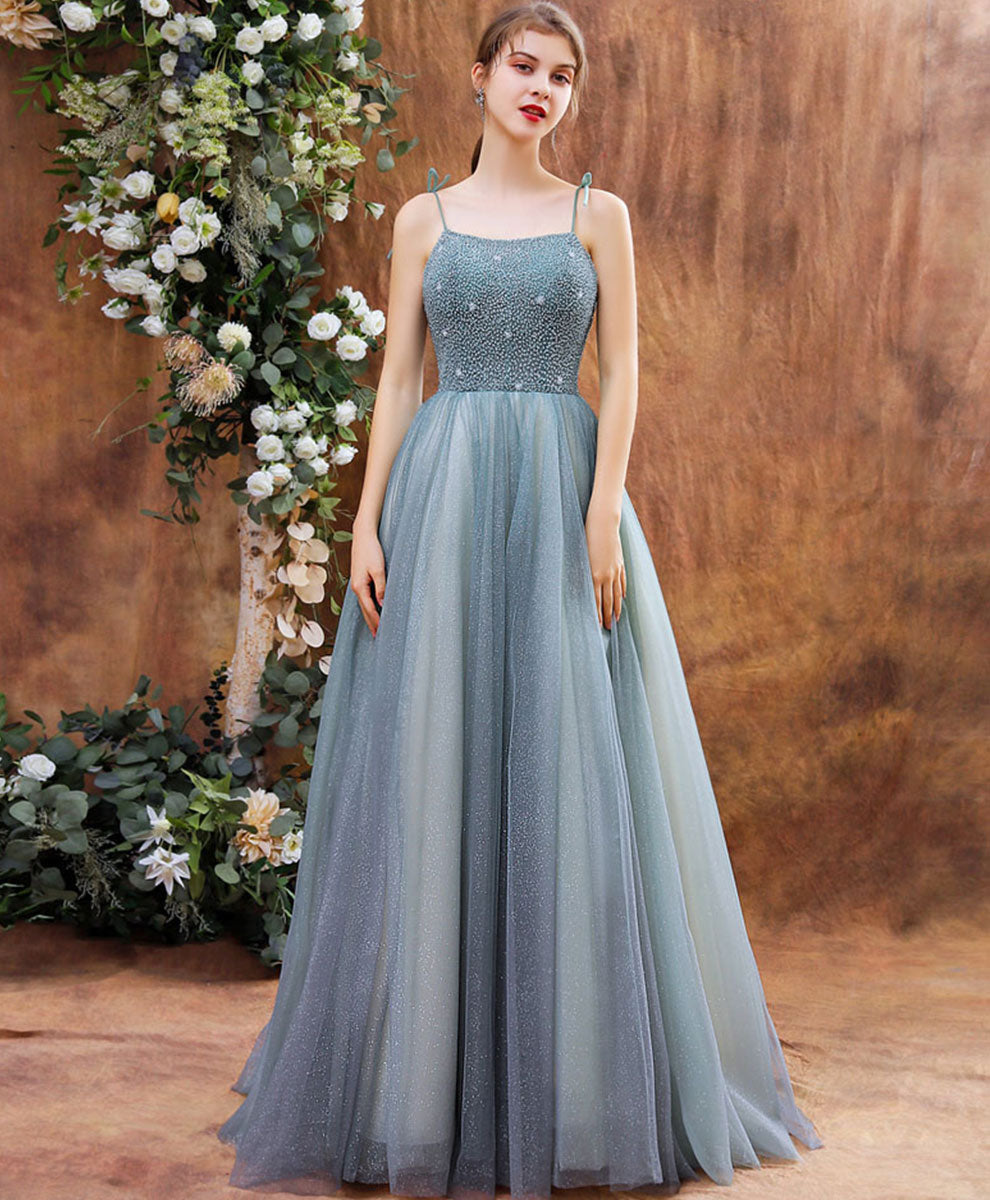 A-Line Tulle Beads Long Green Prom Dress, Tulle Formal Dress