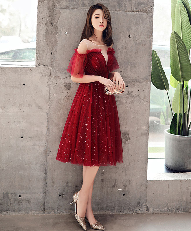 Burgundy Tulle Sequin Short Prom Dress, Burgundy Homecoming Dress