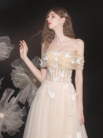 Champagne Tulle Lace Applique Long Prom Dress, Tulle Lace Evening Dress