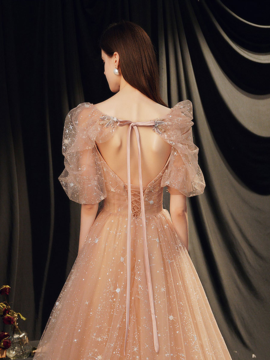 Champagne A-line Tulle Long Prom Dress Champagne Evening Dress