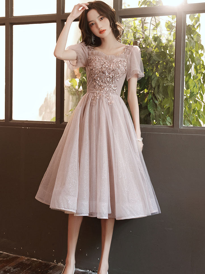 Pink tulle Lace Short Prom Dress, Pink Homecoming Dress