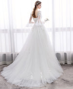 White V Neck Tulle Lace Long Wedding Dress, Lace Bridal Dress