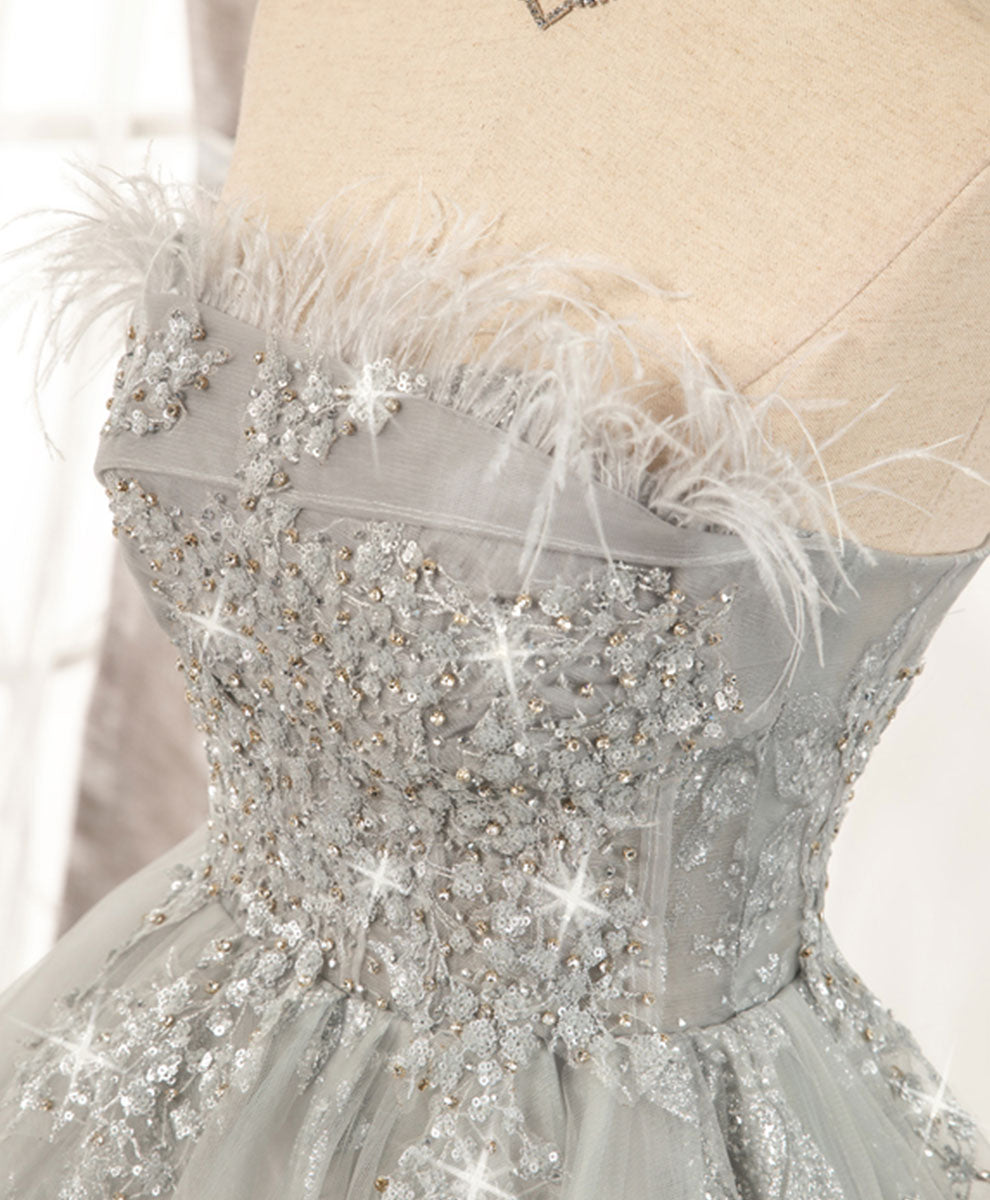Gray Sweetheart Lace Tulle Short Prom Dress Gray Homecoming Dress