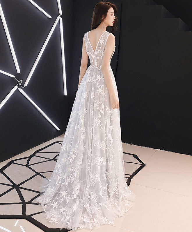 Gray Tulle Lace Long Prom Dress, Gray Lace Evening Dress